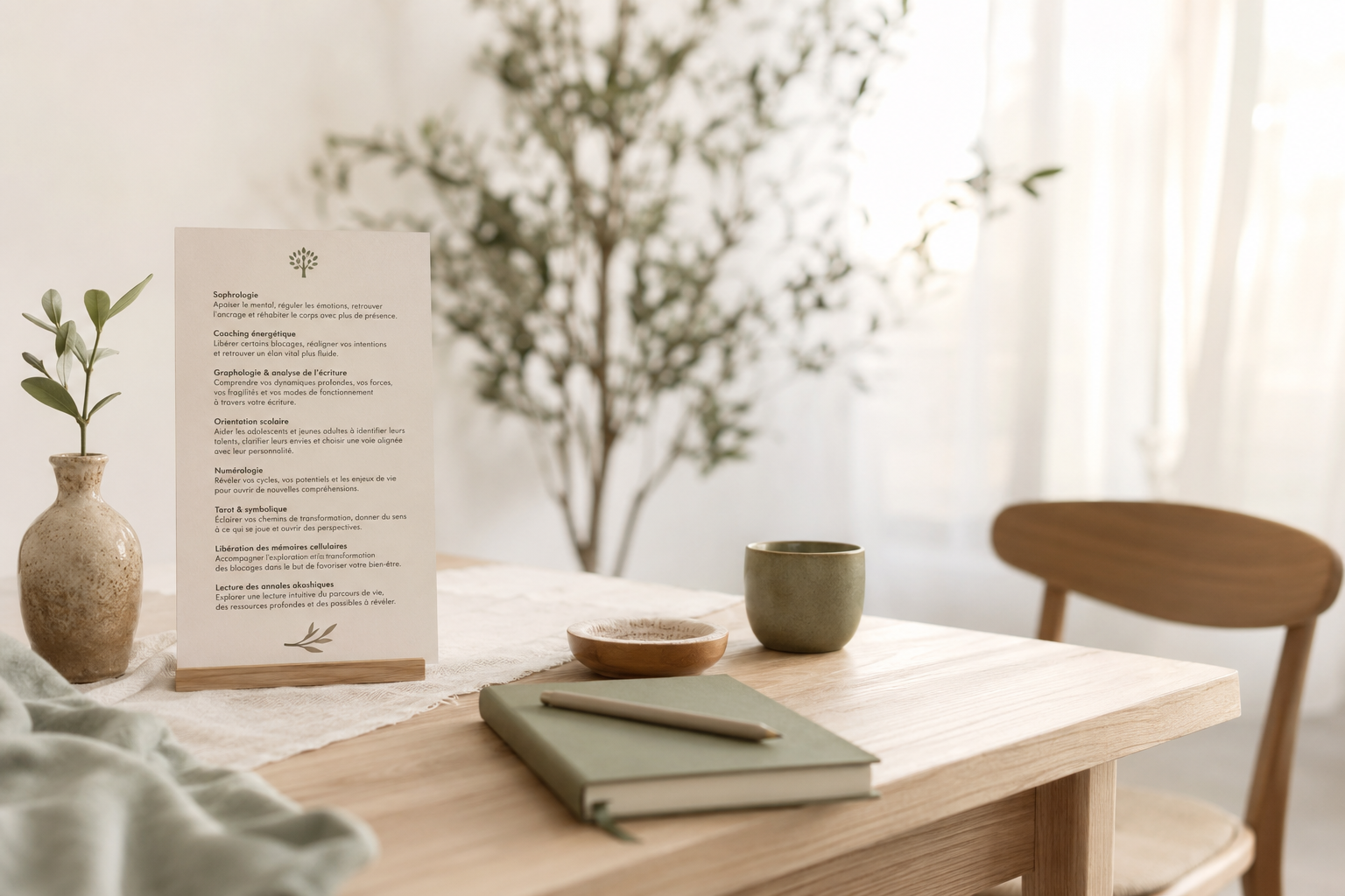 Carte présentant les outils d'accompagnement de Sandrine Paraud Marot, posée sur une table en bois